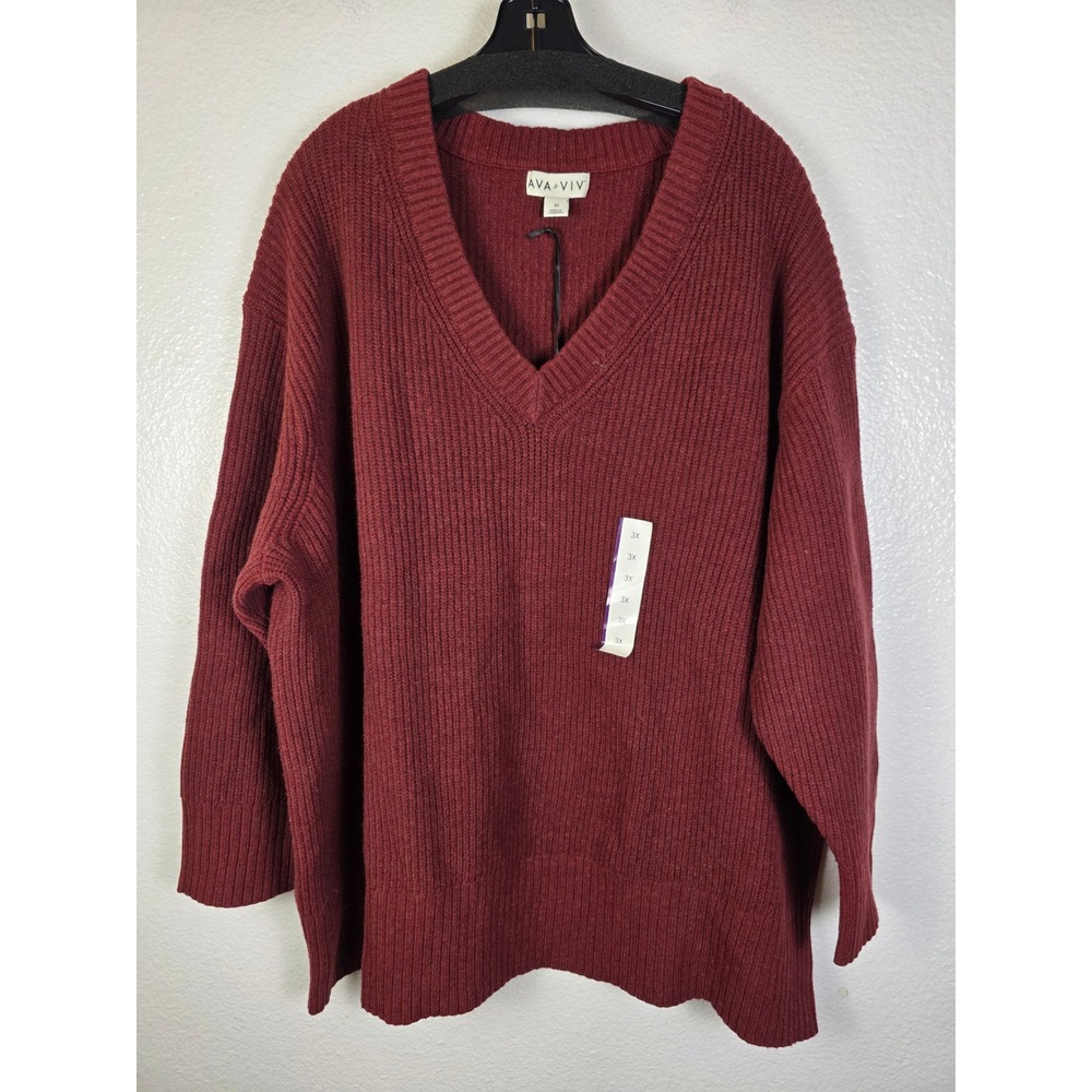 Ava & Viv Womens 3X Burgundy Ribbed V-Neck Sweater Long‎ Sleeve Pullover